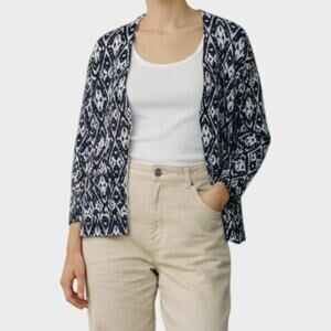 Grace Elements Womens Medium Cardigan Sweater Blue White Print Pockets